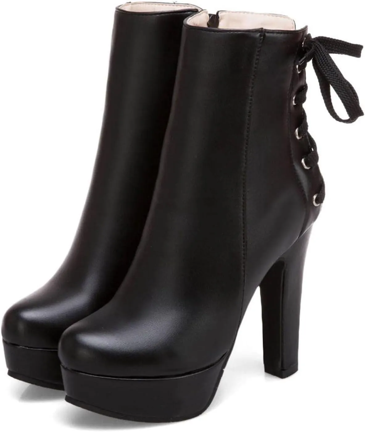 oiangi Chunky High Heel Boots for Women Fashion Casual Round Toe Closed Toe Lace Up Zipper Platform Ankle Boots Solid Color Leather Ladies Heeled Shoes