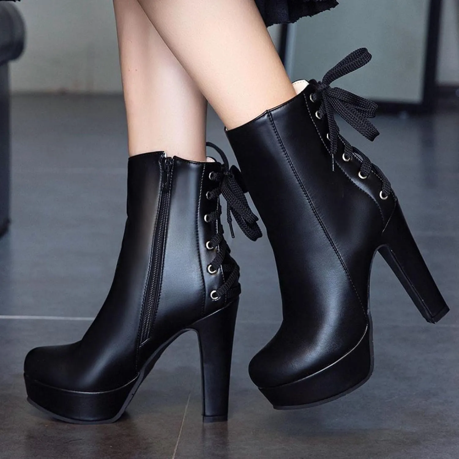 oiangi Chunky High Heel Boots for Women Fashion Casual Round Toe Closed Toe Lace Up Zipper Platform Ankle Boots Solid Color Leather Ladies Heeled Shoes