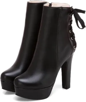 oiangi Chunky High Heel Boots for Women Fashion Casual Round Toe Closed Toe Lace Up Zipper Platform Ankle Boots Solid Color Leather Ladies Heeled Shoes