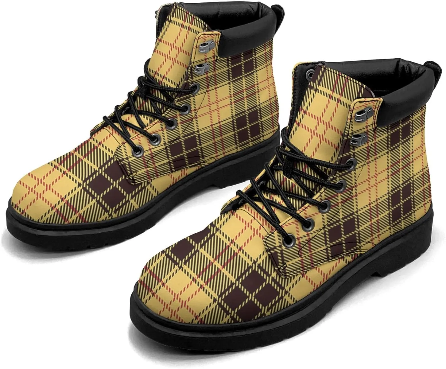 Pitovozu Black White Lattice Boots Womens Mens Snow Boots Ankle Anti-Slip Combat Boots Lace Up Waterproof Leather Boots Shoes Gifts for Women Men