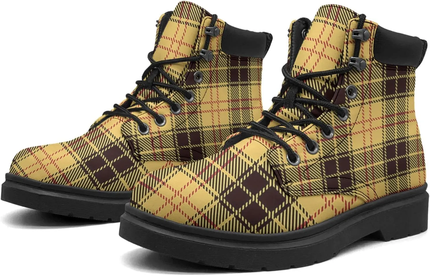 Pitovozu Black White Lattice Boots Womens Mens Snow Boots Ankle Anti-Slip Combat Boots Lace Up Waterproof Leather Boots Shoes Gifts for Women Men
