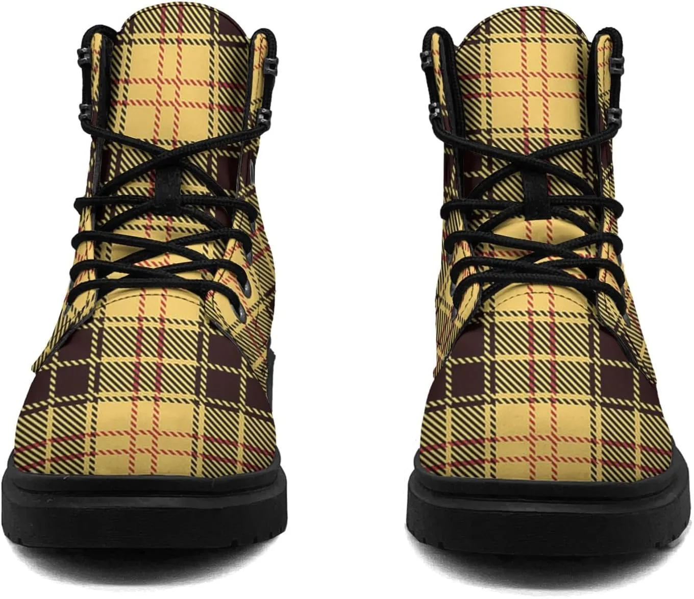 Pitovozu Black White Lattice Boots Womens Mens Snow Boots Ankle Anti-Slip Combat Boots Lace Up Waterproof Leather Boots Shoes Gifts for Women Men
