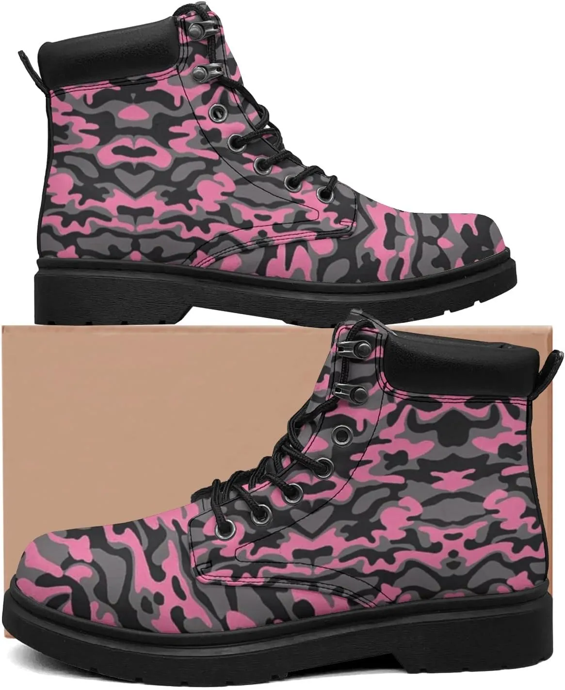 Pitovozu Camouflage Boots Womens Snow Boots Ankle Anti-Slip Combat Boots Lace Up Winter Waterproof Leather Boots Shoes Gifts for Women