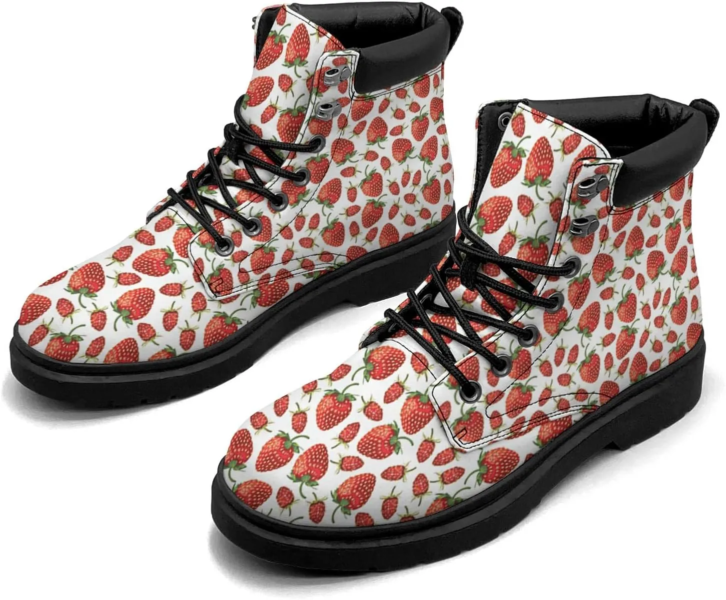 Pitovozu Strawberry Plants Floral Boots Womens Mens Snow Boots Ankle Anti-Slip Combat Boots Lace Up Waterproof Leather Boots Shoes Gifts for Women Men