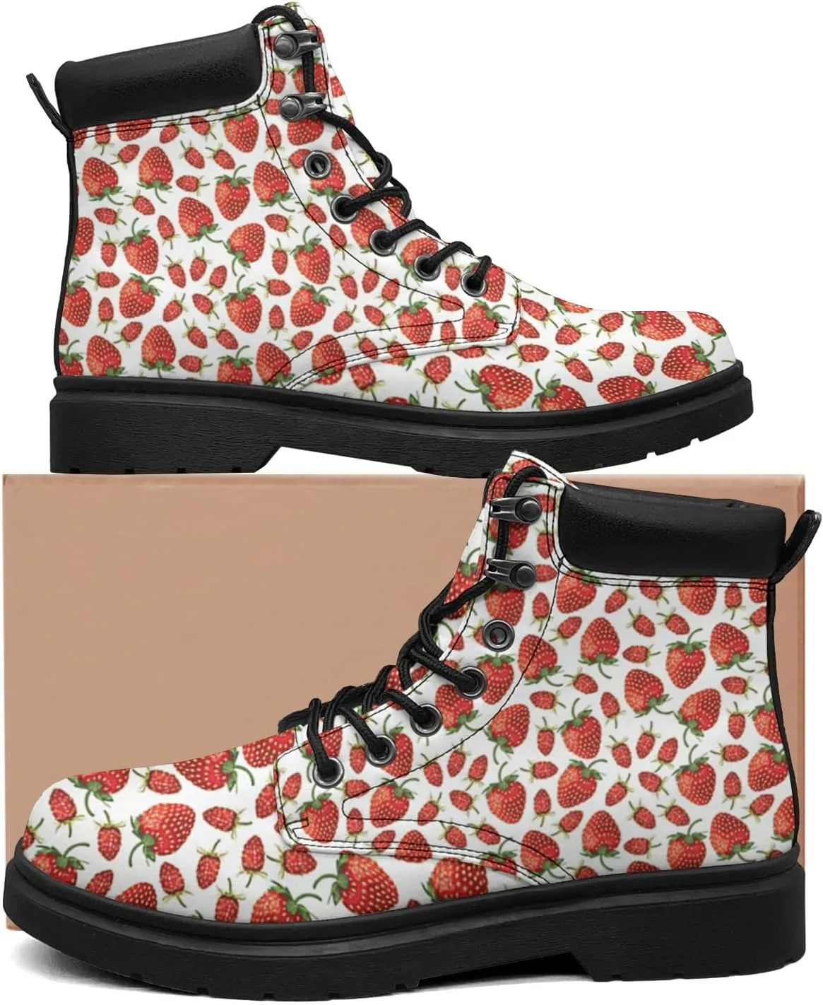 Pitovozu Strawberry Plants Floral Boots Womens Mens Snow Boots Ankle Anti-Slip Combat Boots Lace Up Waterproof Leather Boots Shoes Gifts for Women Men