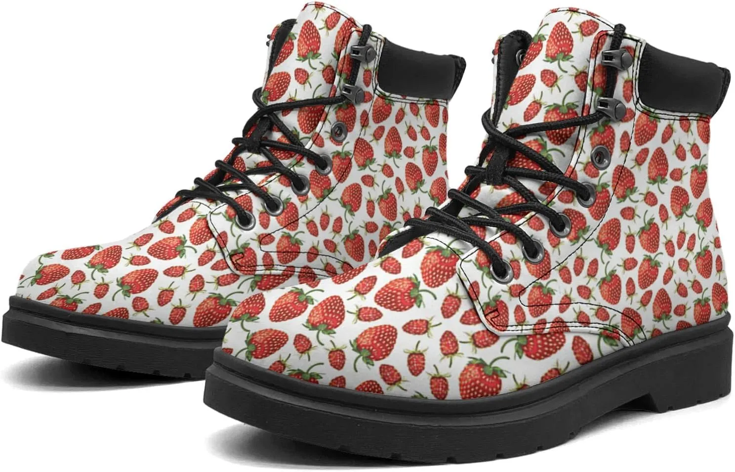 Pitovozu Strawberry Plants Floral Boots Womens Mens Snow Boots Ankle Anti-Slip Combat Boots Lace Up Waterproof Leather Boots Shoes Gifts for Women Men
