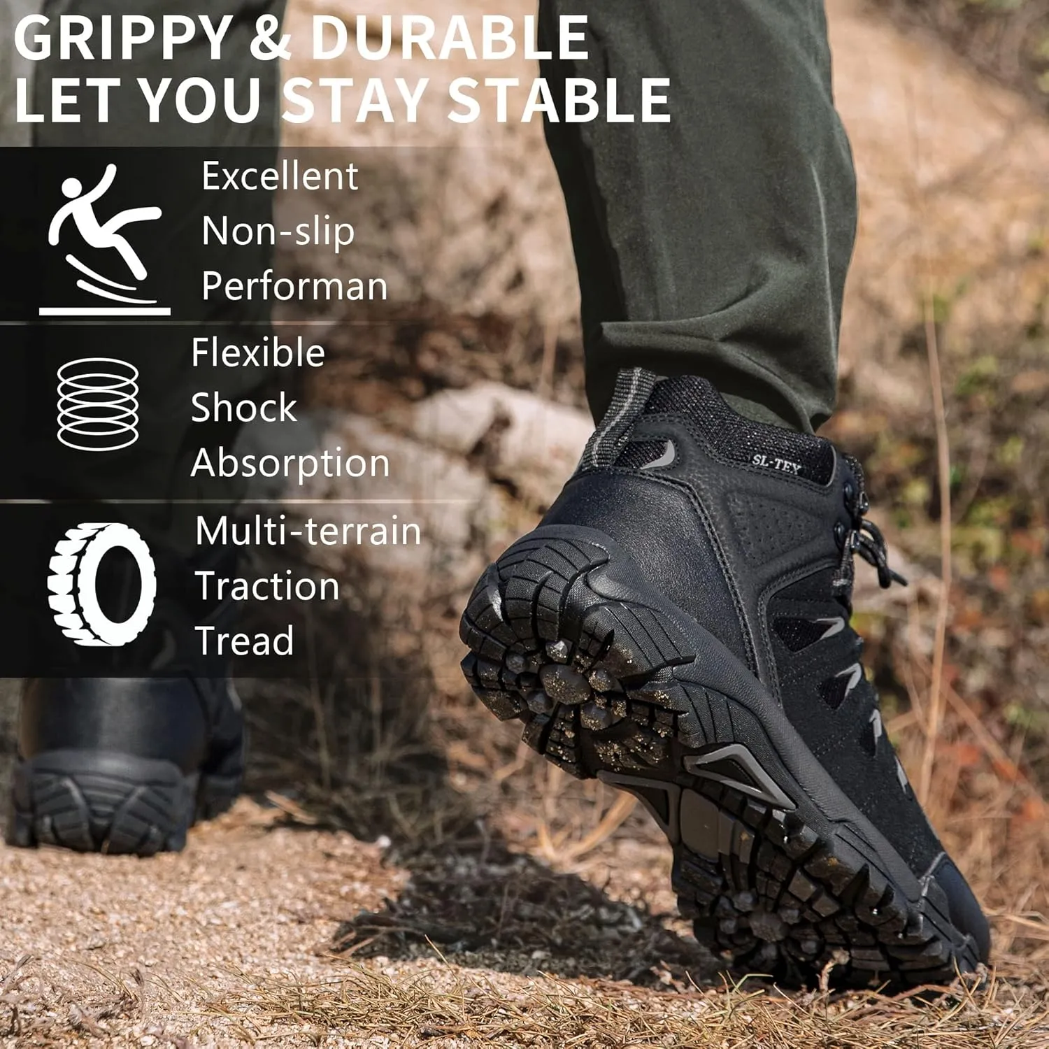 SHULOOK Men's Waterproof Hiking Boots Non-Slip Lightweight Outdoor Mid Top Ankle Boot Breathable Work Trekking Shoes