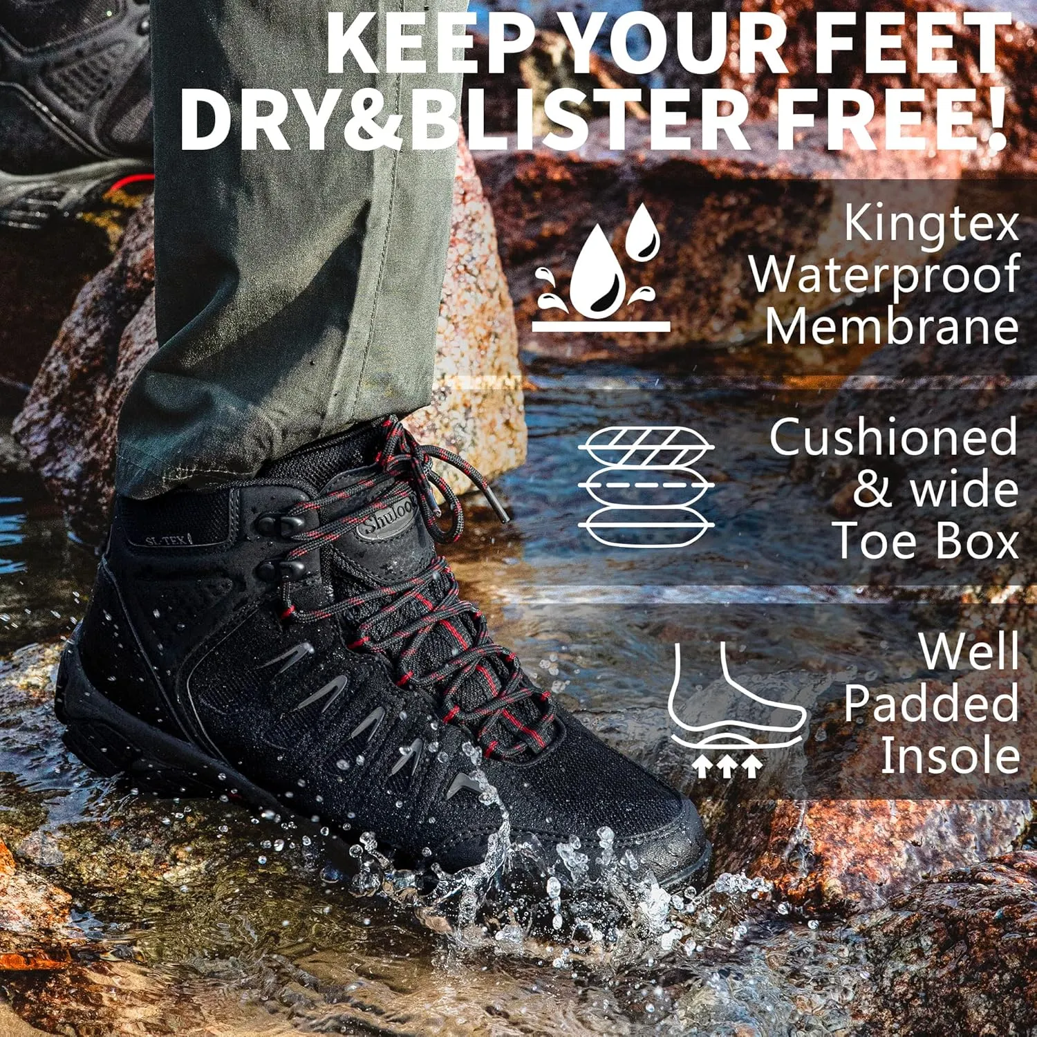 SHULOOK Men's Waterproof Hiking Boots Non-Slip Lightweight Outdoor Mid Top Ankle Boot Breathable Work Trekking Shoes