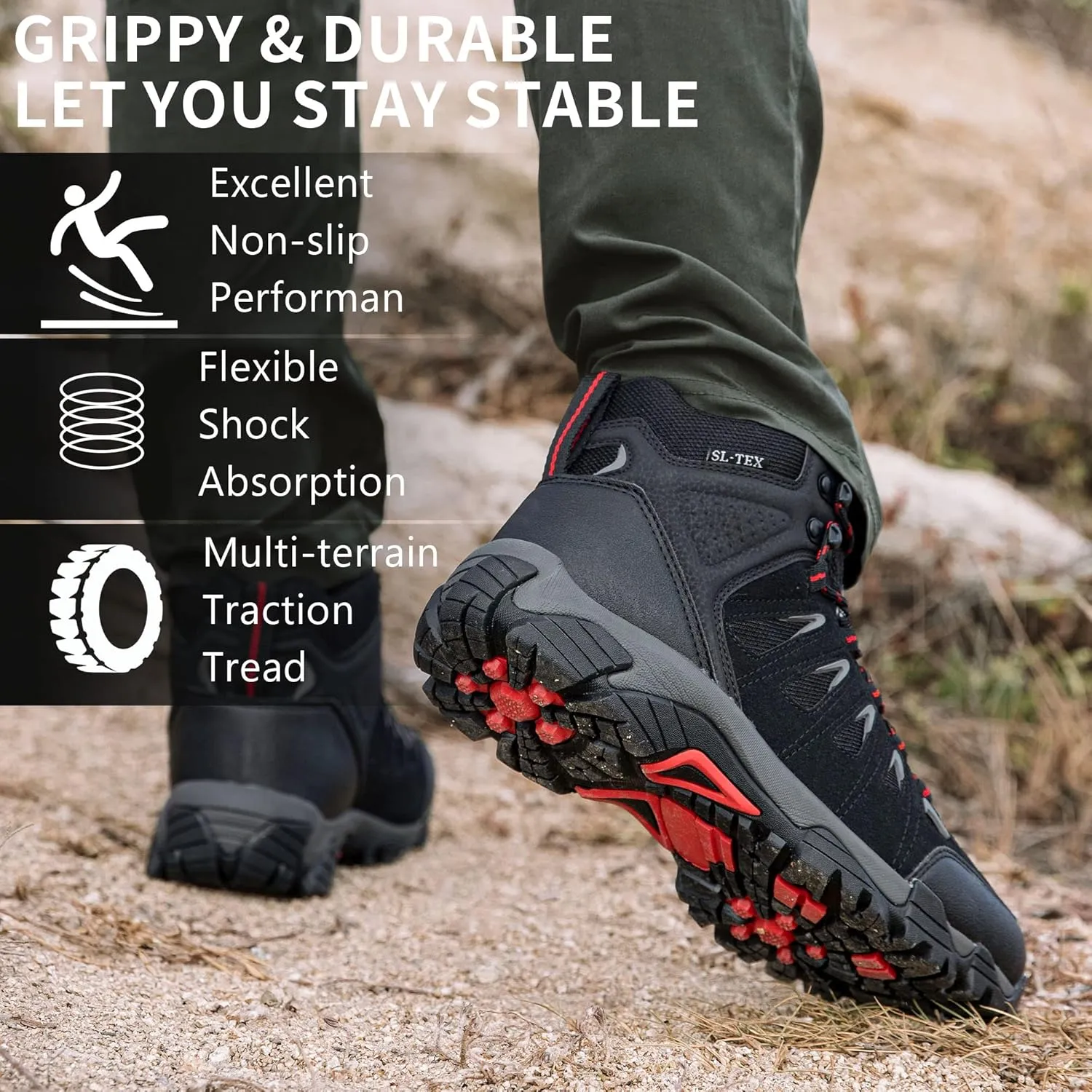 SHULOOK Men's Waterproof Hiking Boots Non-Slip Lightweight Outdoor Mid Top Ankle Boot Breathable Work Trekking Shoes