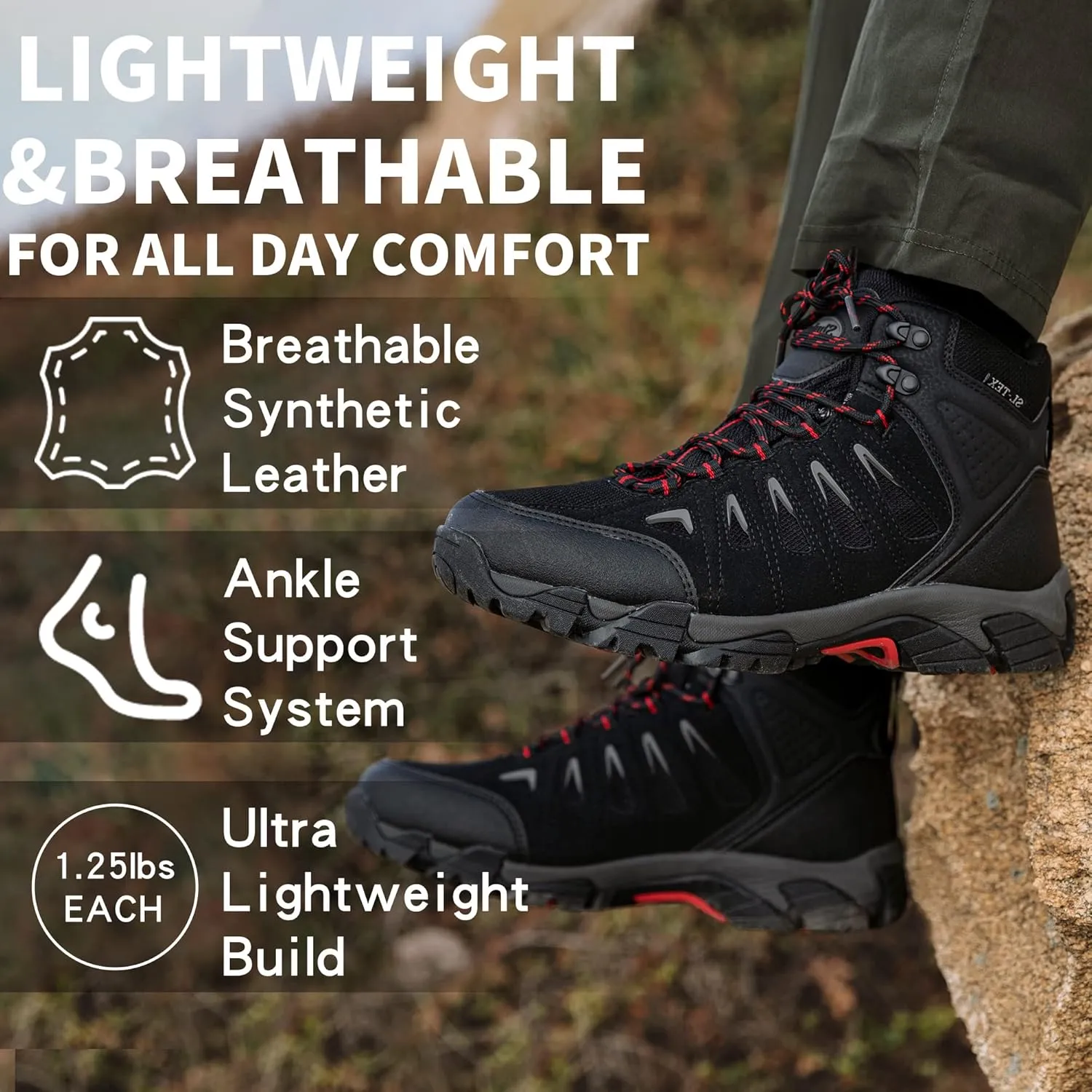 SHULOOK Men's Waterproof Hiking Boots Non-Slip Lightweight Outdoor Mid Top Ankle Boot Breathable Work Trekking Shoes