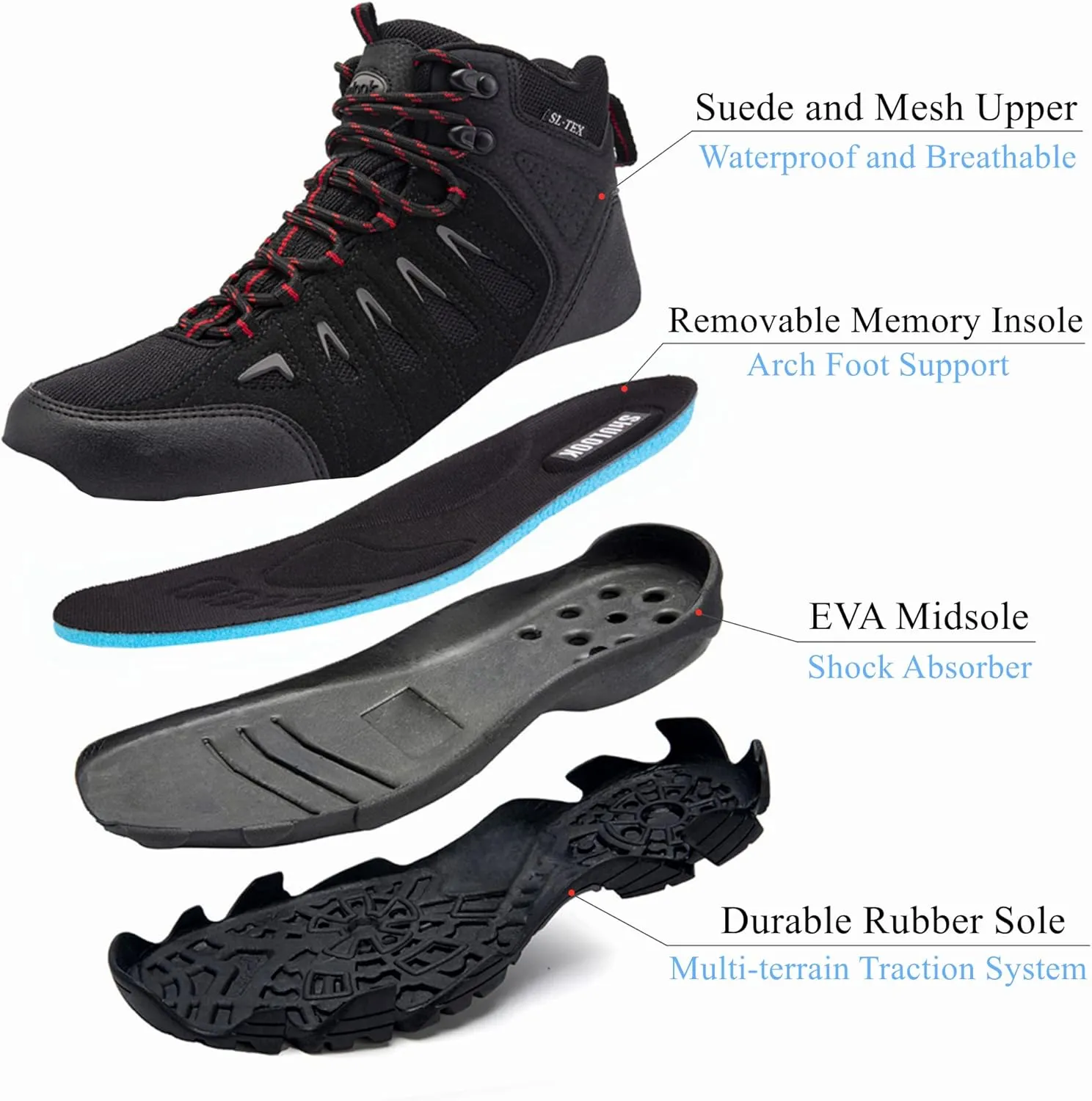 SHULOOK Men's Waterproof Hiking Boots Non-Slip Lightweight Outdoor Mid Top Ankle Boot Breathable Work Trekking Shoes