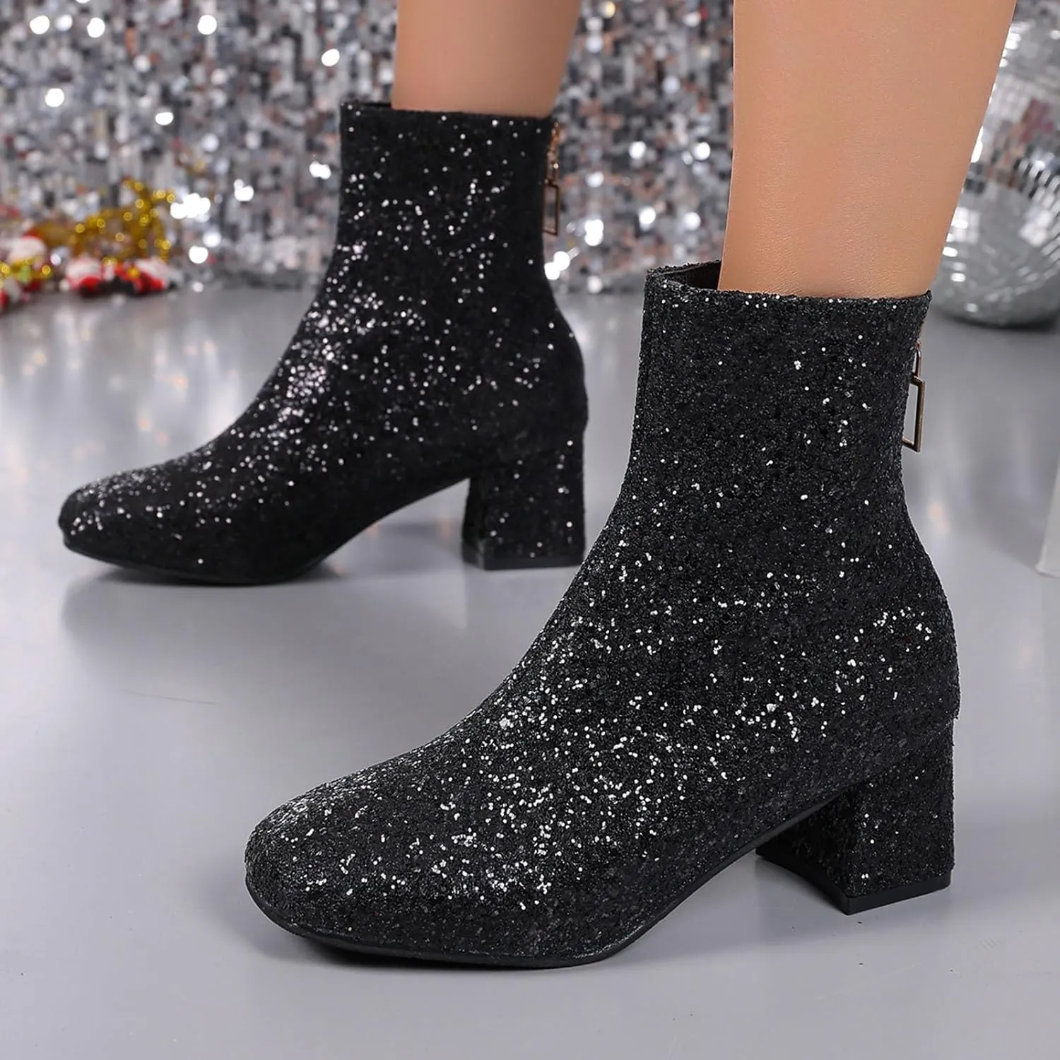 Sinzelimin Ankle Boots for Women's Trendy Flash Party Shoes Chunky Heel Round Toe Back Zipper Wide Mid Calf Cowboy Booties