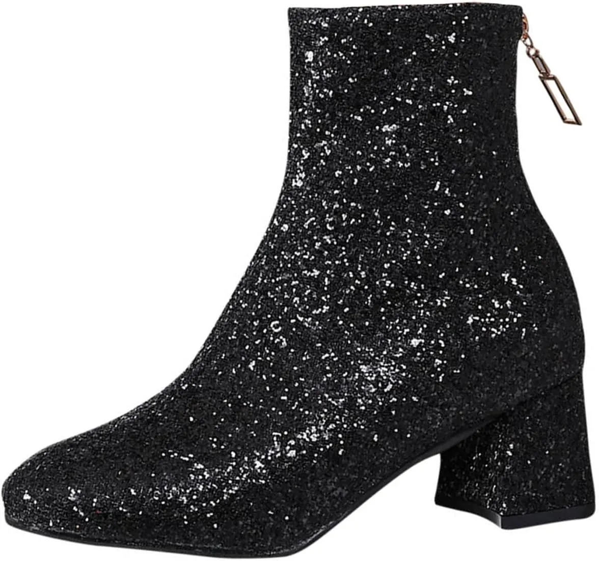 Sinzelimin Ankle Boots for Women's Trendy Flash Party Shoes Chunky Heel Round Toe Back Zipper Wide Mid Calf Cowboy Booties
