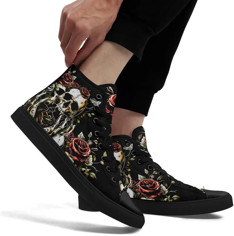 Skull High Top Sneaker for Men Women Fashion Rose Gothic Black Canvas Shoes Unisex Lace Up Casual Tennis Walking Flat Shoes
