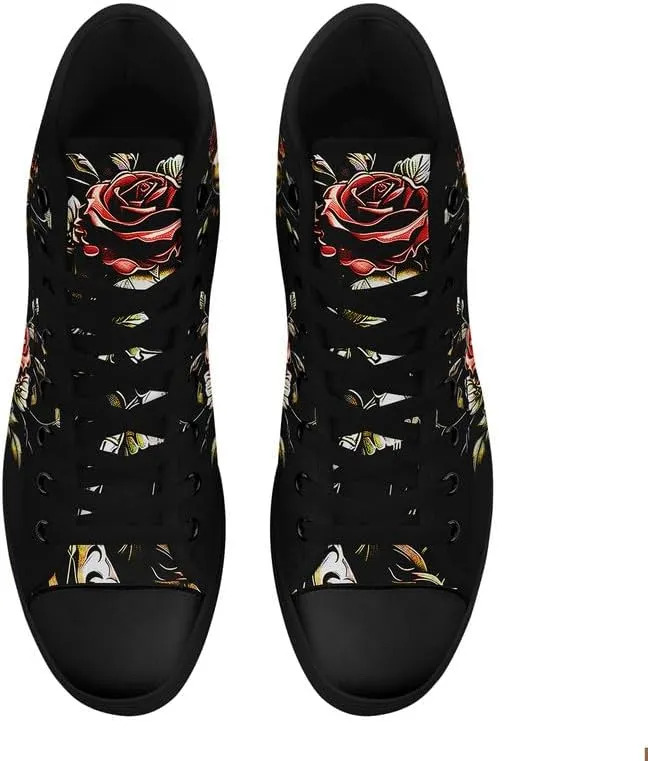 Skull High Top Sneaker for Men Women Fashion Rose Gothic Black Canvas Shoes Unisex Lace Up Casual Tennis Walking Flat Shoes