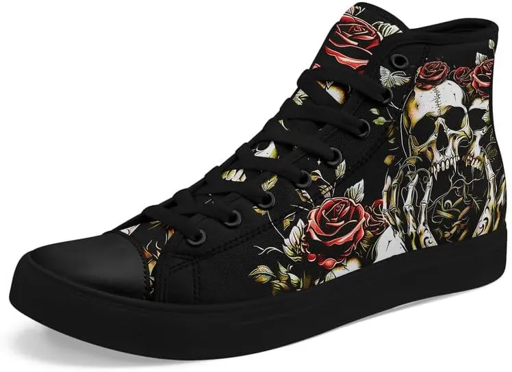 Skull High Top Sneaker for Men Women Fashion Rose Gothic Black Canvas Shoes Unisex Lace Up Casual Tennis Walking Flat Shoes