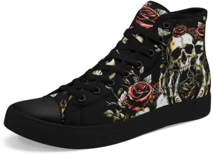 Skull High Top Sneaker for Men Women Fashion Rose Gothic Black Canvas Shoes Unisex Lace Up Casual Tennis Walking Flat Shoes