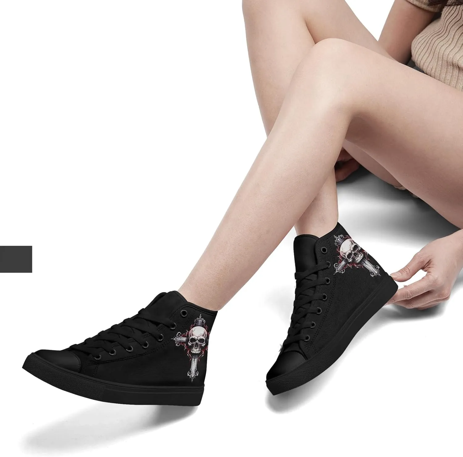 Skull Shoes High Top Canvas Sneakers for Men Women Classic Lace up Casual Trainers Plimsoles Flat Shoes Gothic Walking Streetwear