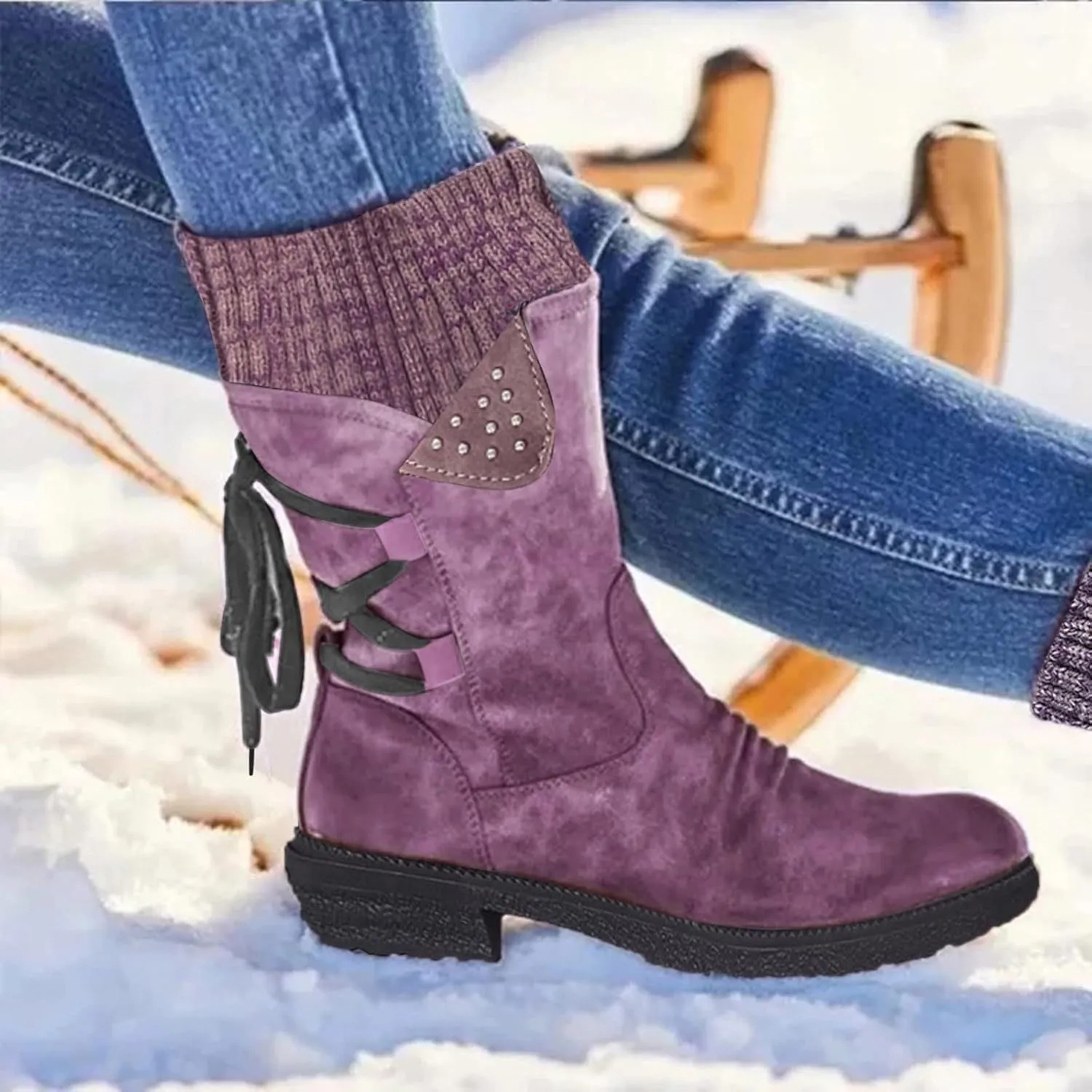 Snow Boots for Women Mid Calf Boots for Women Winter Retro Thick Square Boots Side Zipper Round Toe Comfortable Boots