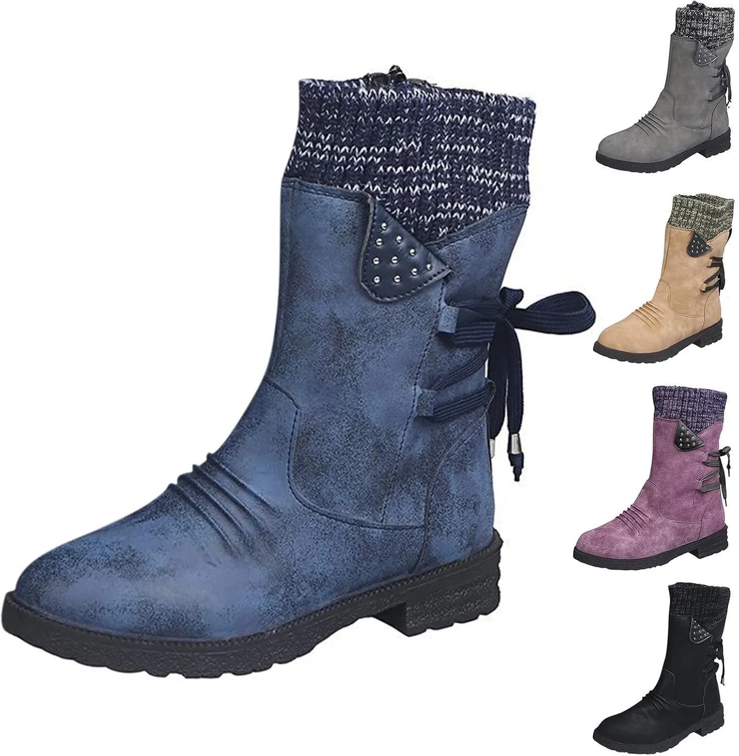 Snow Boots for Women Mid Calf Boots for Women Winter Retro Thick Square Boots Side Zipper Round Toe Comfortable Boots