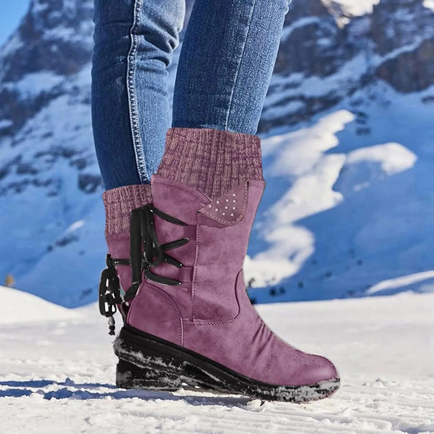 Snow Boots for Women Mid Calf Boots for Women Winter Retro Thick Square Boots Side Zipper Round Toe Comfortable Boots