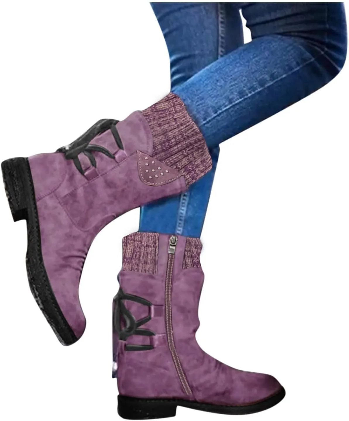 Snow Boots for Women Mid Calf Boots for Women Winter Retro Thick Square Boots Side Zipper Round Toe Comfortable Boots
