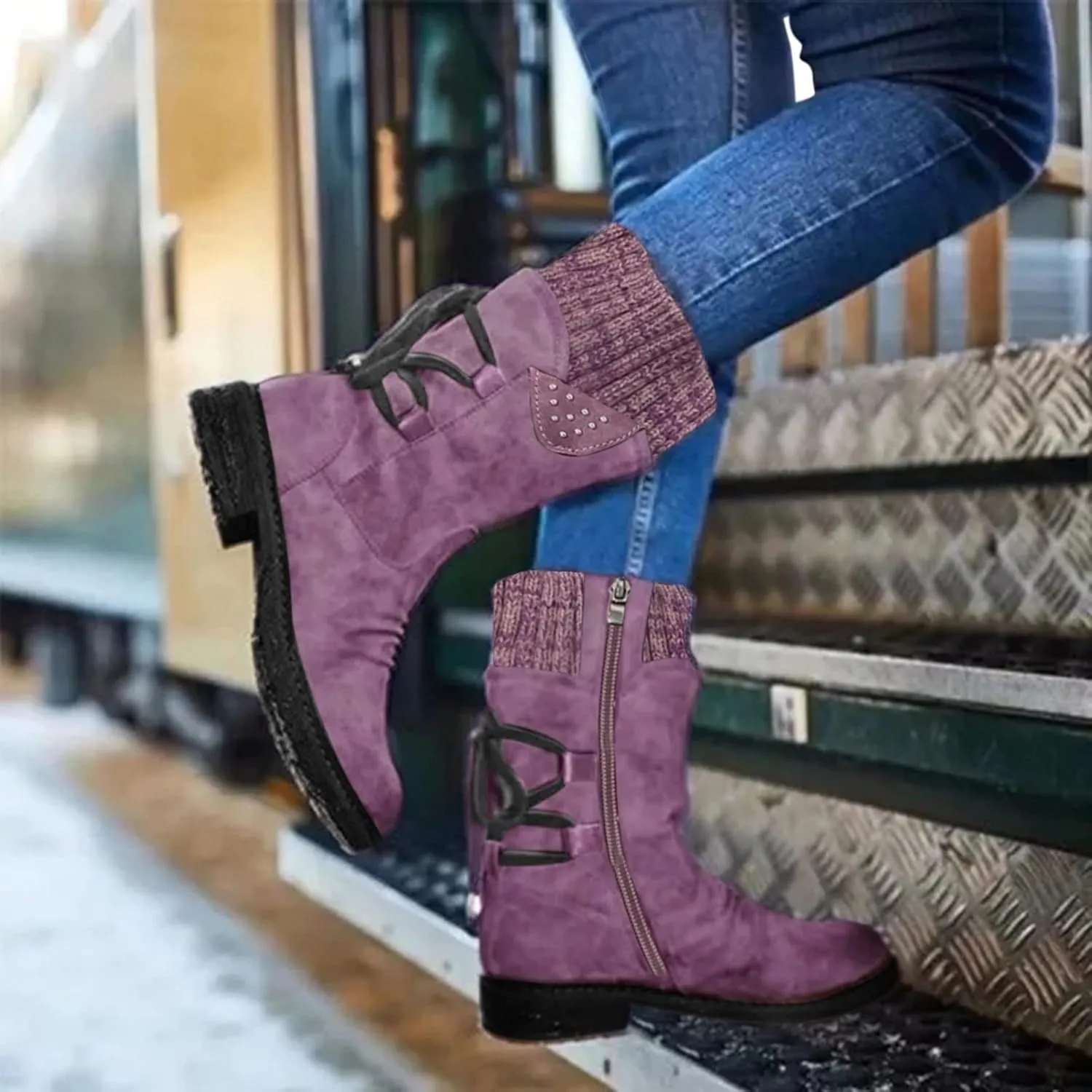 Snow Boots for Women Mid Calf Boots for Women Winter Retro Thick Square Boots Side Zipper Round Toe Comfortable Boots