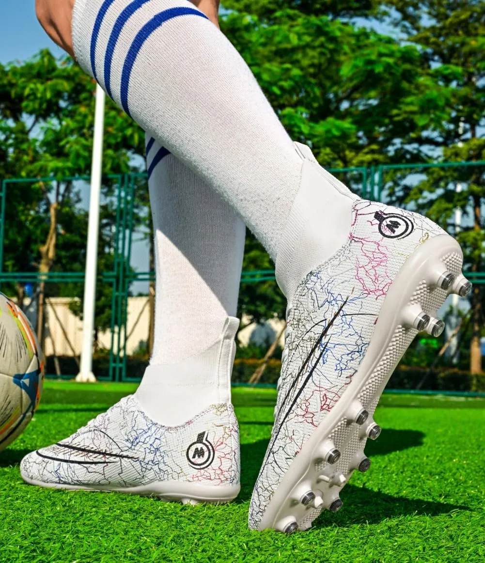 Soccer Cleats for Mens Breathable Athletic Professional Spikes Students Grass Training Shoes Wide Training Football Shoes White/Blue/Purple/Black