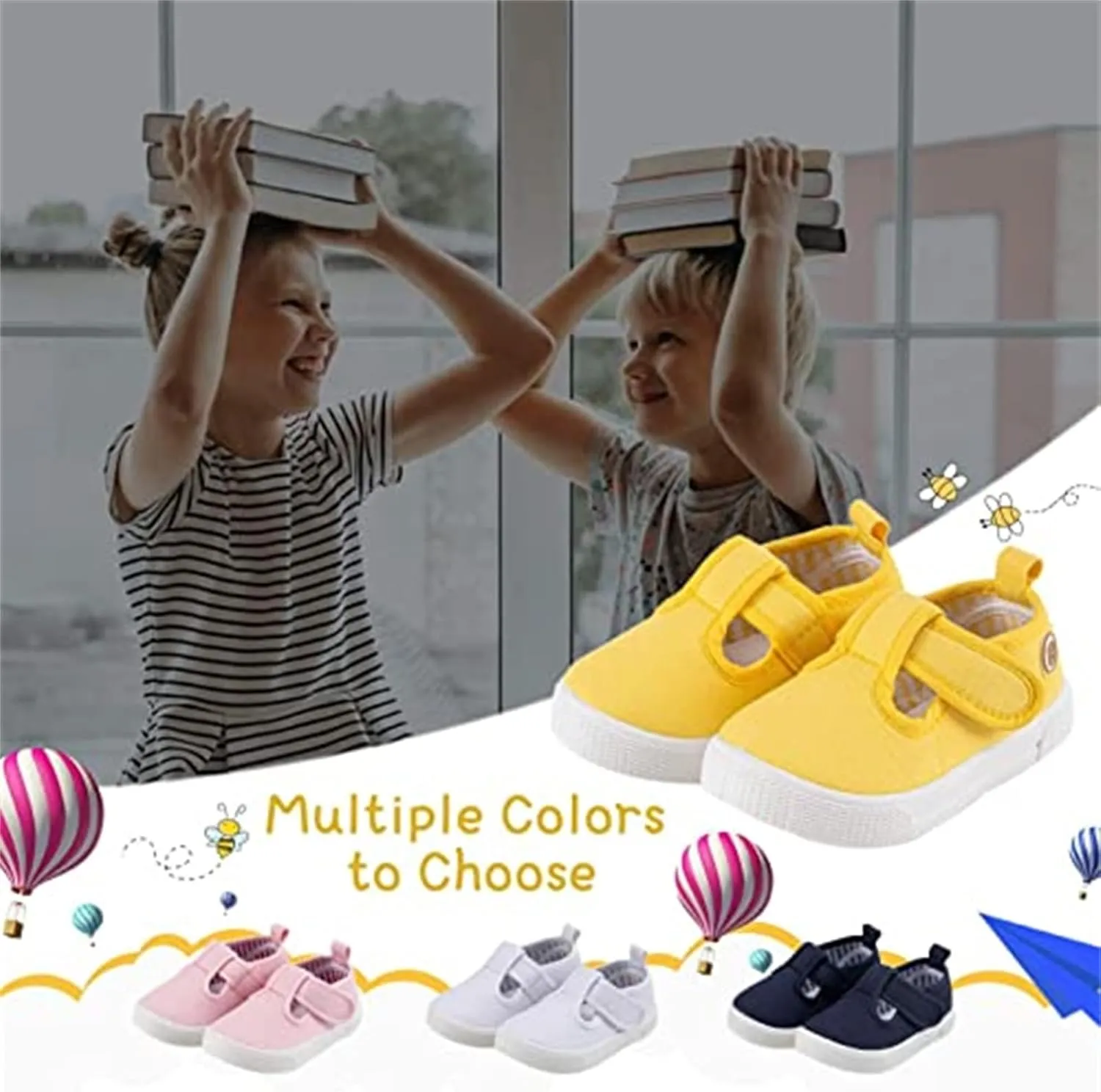 Toddler Boys Girls T-Strap Canvas Sneakers for Little Kids Classical Comfortable Mary Jane Canvas Flats, Non-Slip Casual Canvas Sneaker for Little Kids
