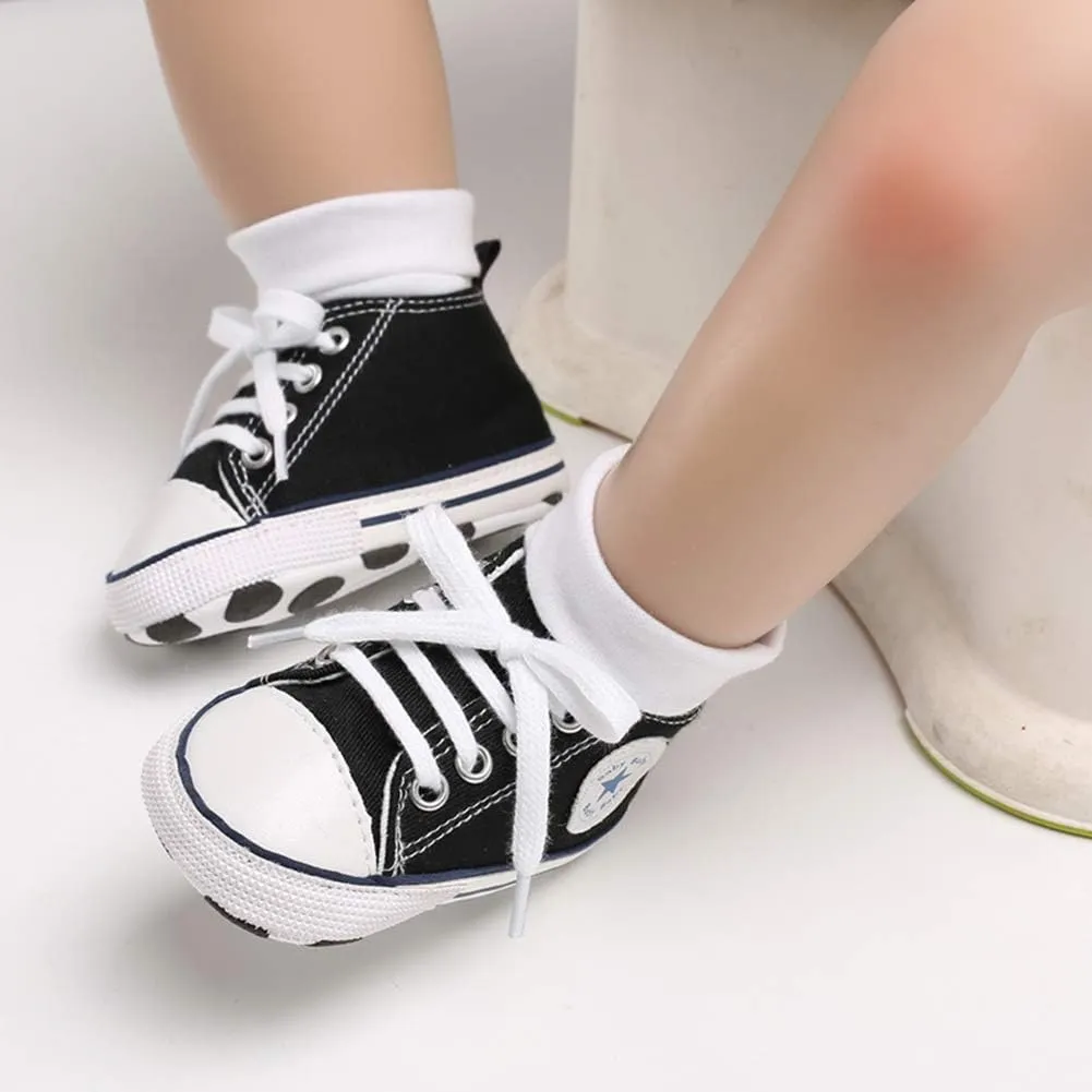 Unisex Baby Soft Sole Sneakers, Canvas Denim High Top, Newborn Infant First Walkers