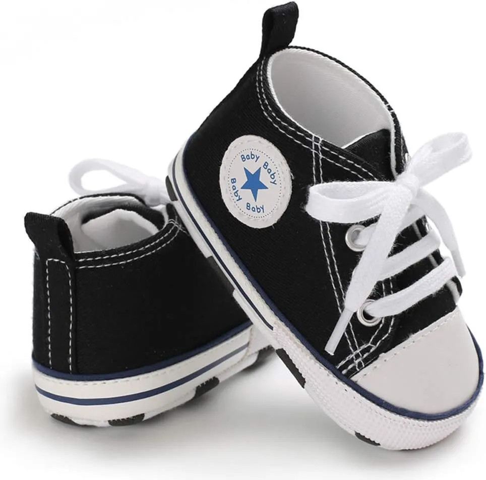 Unisex Baby Soft Sole Sneakers, Canvas Denim High Top, Newborn Infant First Walkers