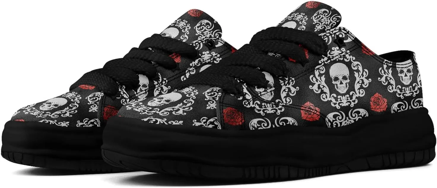 Unisex Skull Canvas Shoes Fashion Sneakers Low Top Flat Casual Tennis Walking Shoes for Men Women
