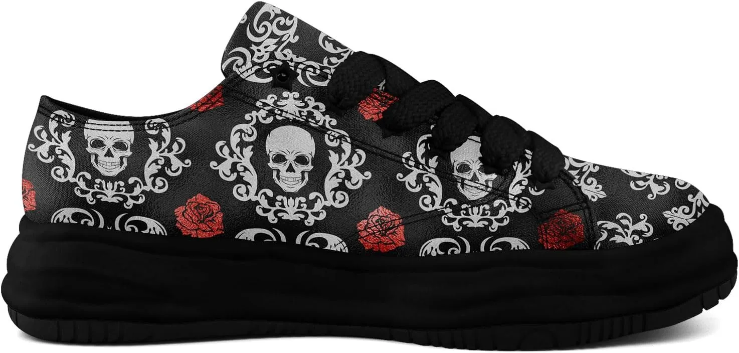Unisex Skull Canvas Shoes Fashion Sneakers Low Top Flat Casual Tennis Walking Shoes for Men Women