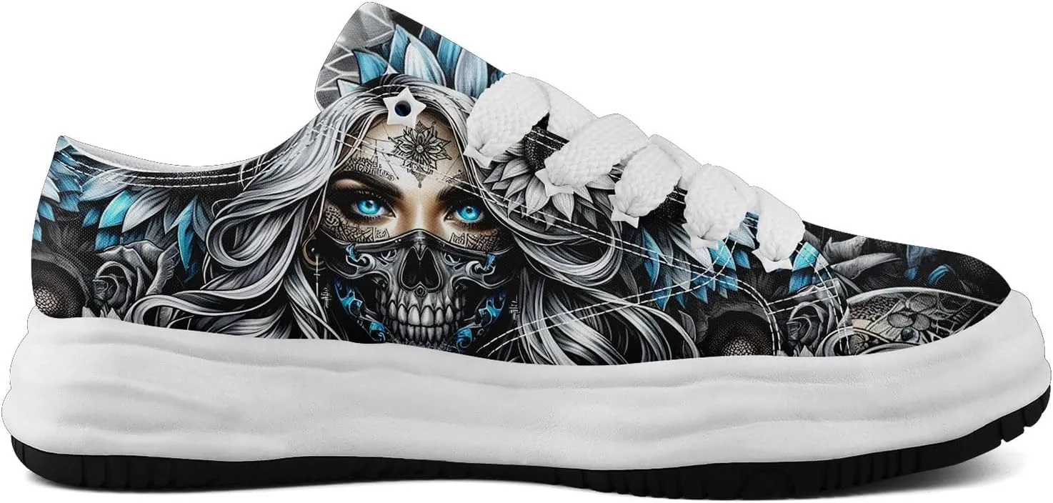 Unisex Skull Canvas Shoes Fashion Sneakers Low Top Flat Casual Tennis Walking Shoes for Men Women