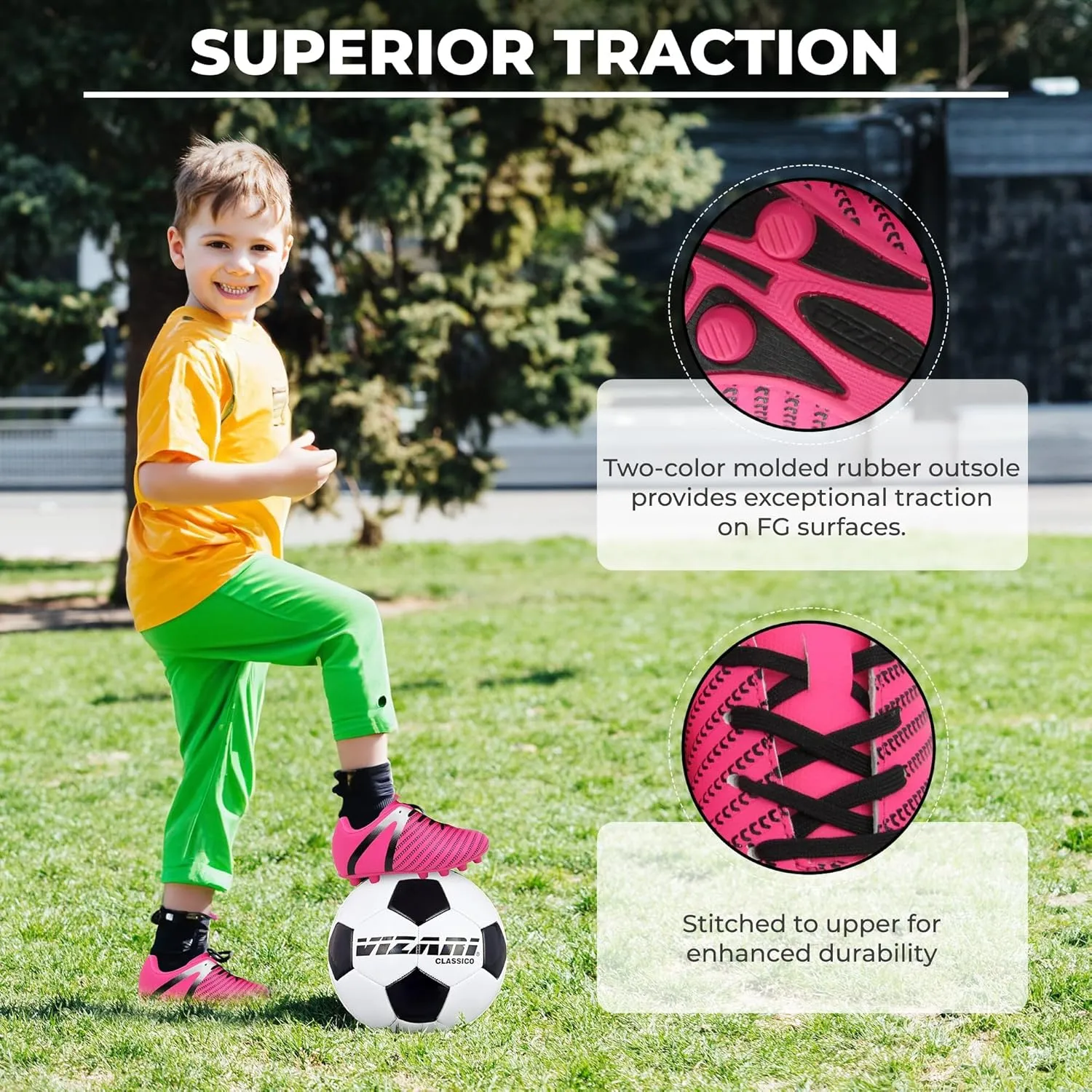 Vizari Impact Firm Ground Kids Soccer Cleats | Lightweight & Durable Girls and Boys Soccer Cleats with Excellent Traction | Unisex Football Shoes with Padded Heel & Anti-Stretch Lining