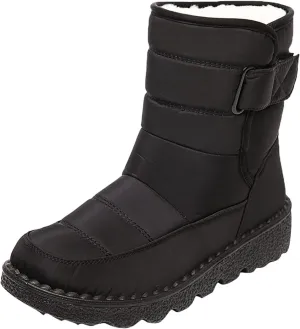 Winter Snow Boots for Women Water-proof Thermal Fleece Lined Anti Slip Mid Calf Boots for Ladies Platform Wedge Booties Warm Fuzzy Ankle Booties Outdoor Work Short Boots with Buckle