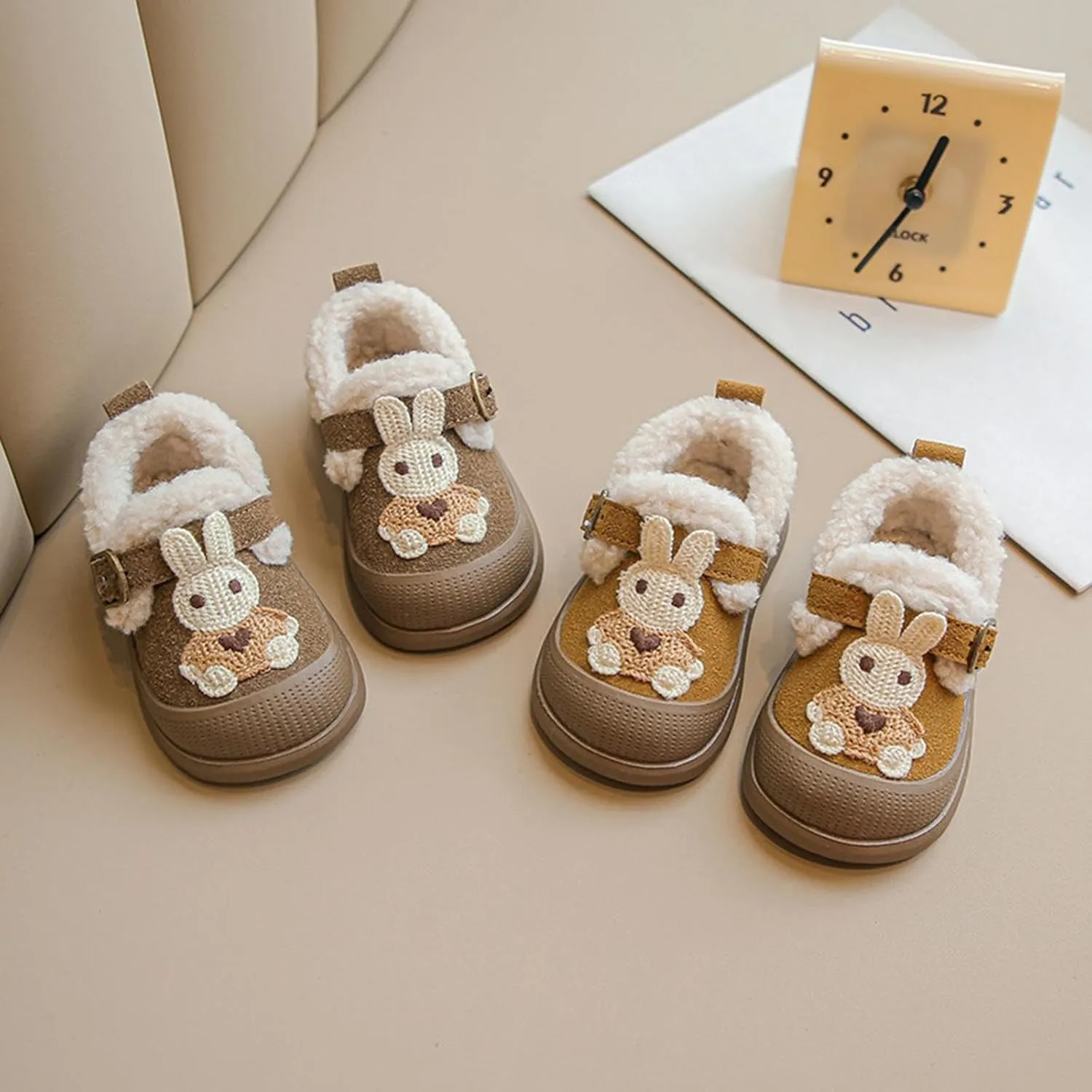 Winter Toddler Sneakers Infant Baby Cute Bunny Flat Furry Comfort Anti-Slip Soft Sole First-Walking Running Shoes