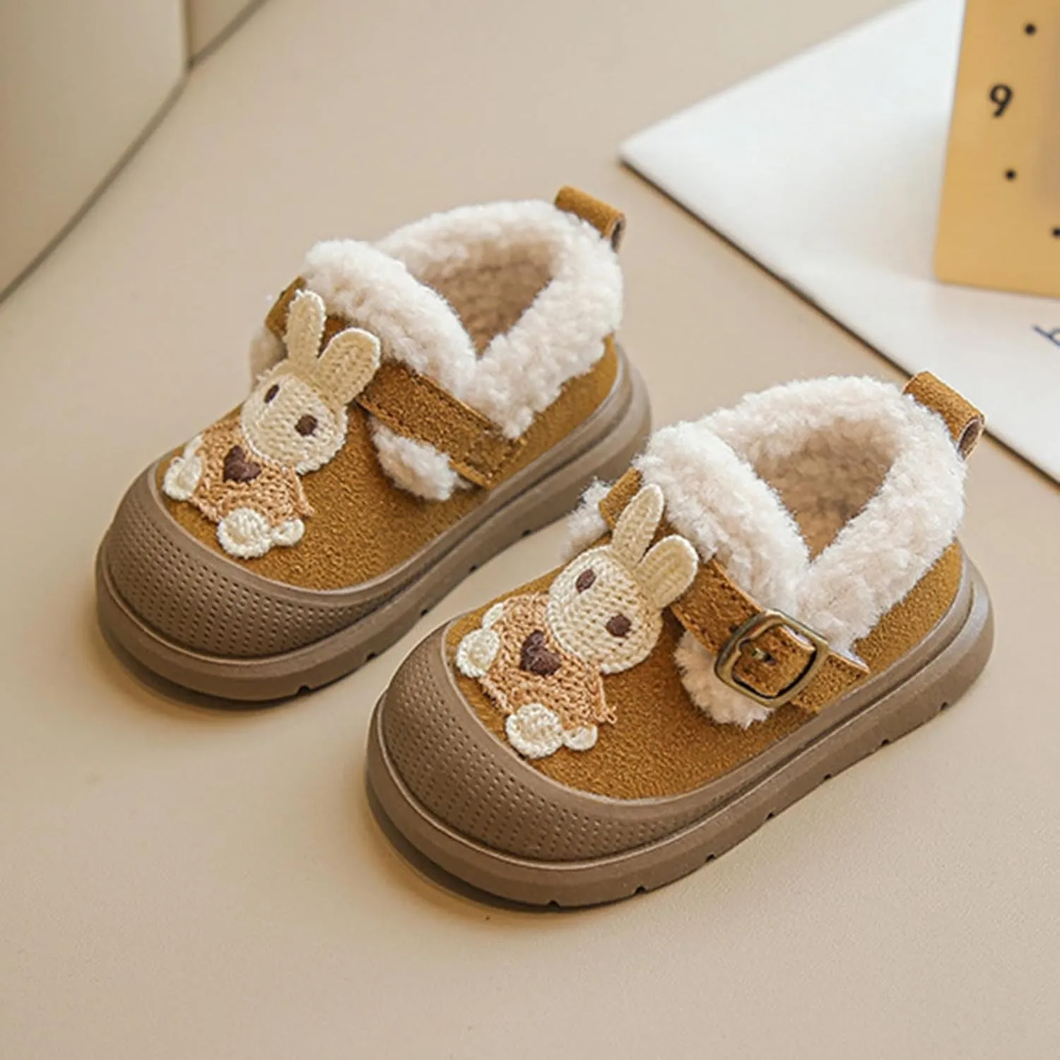 Winter Toddler Sneakers Infant Baby Cute Bunny Flat Furry Comfort Anti-Slip Soft Sole First-Walking Running Shoes