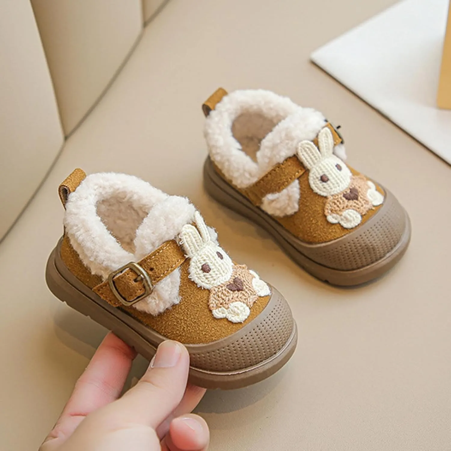 Winter Toddler Sneakers Infant Baby Cute Bunny Flat Furry Comfort Anti-Slip Soft Sole First-Walking Running Shoes