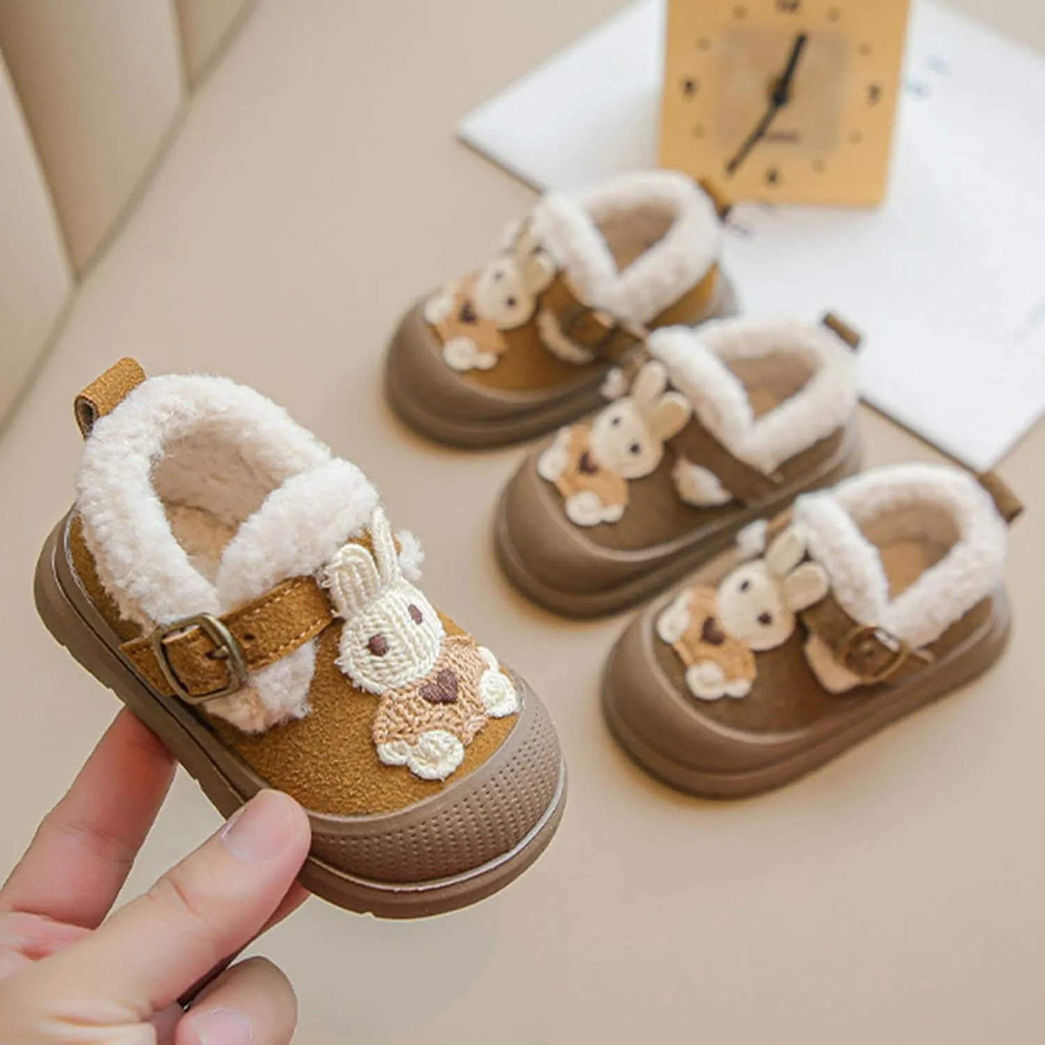 Winter Toddler Sneakers Infant Baby Cute Bunny Flat Furry Comfort Anti-Slip Soft Sole First-Walking Running Shoes