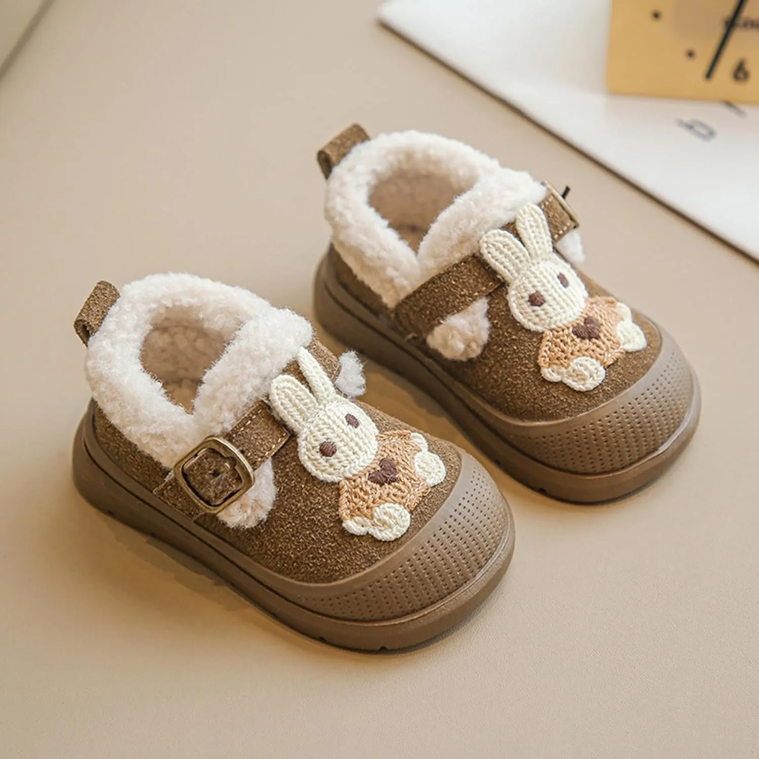 Winter Toddler Sneakers Infant Baby Cute Bunny Flat Furry Comfort Anti-Slip Soft Sole First-Walking Running Shoes