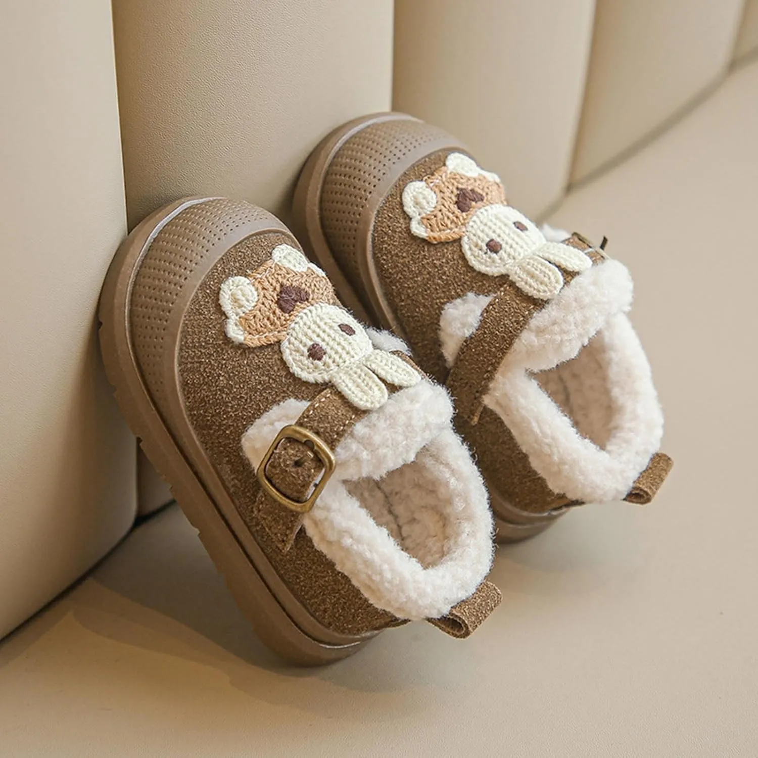 Winter Toddler Sneakers Infant Baby Cute Bunny Flat Furry Comfort Anti-Slip Soft Sole First-Walking Running Shoes