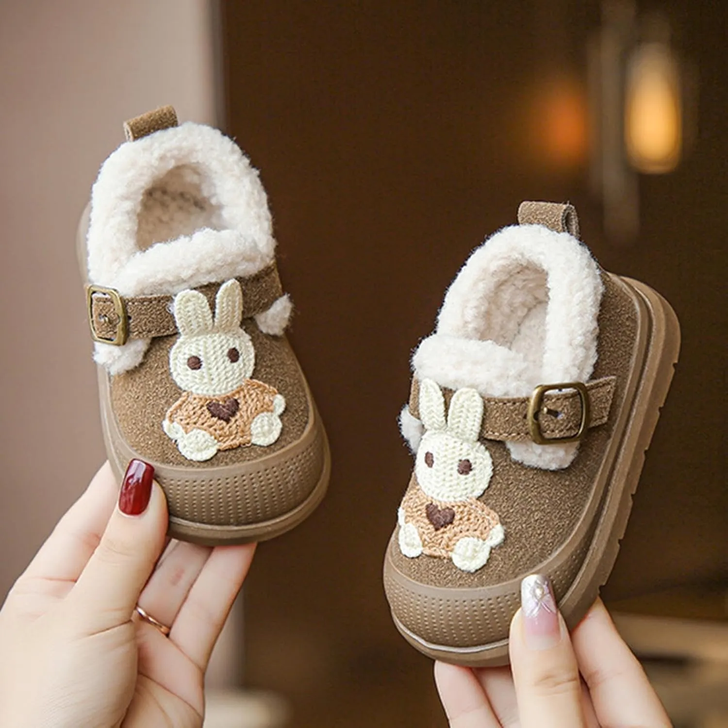 Winter Toddler Sneakers Infant Baby Cute Bunny Flat Furry Comfort Anti-Slip Soft Sole First-Walking Running Shoes