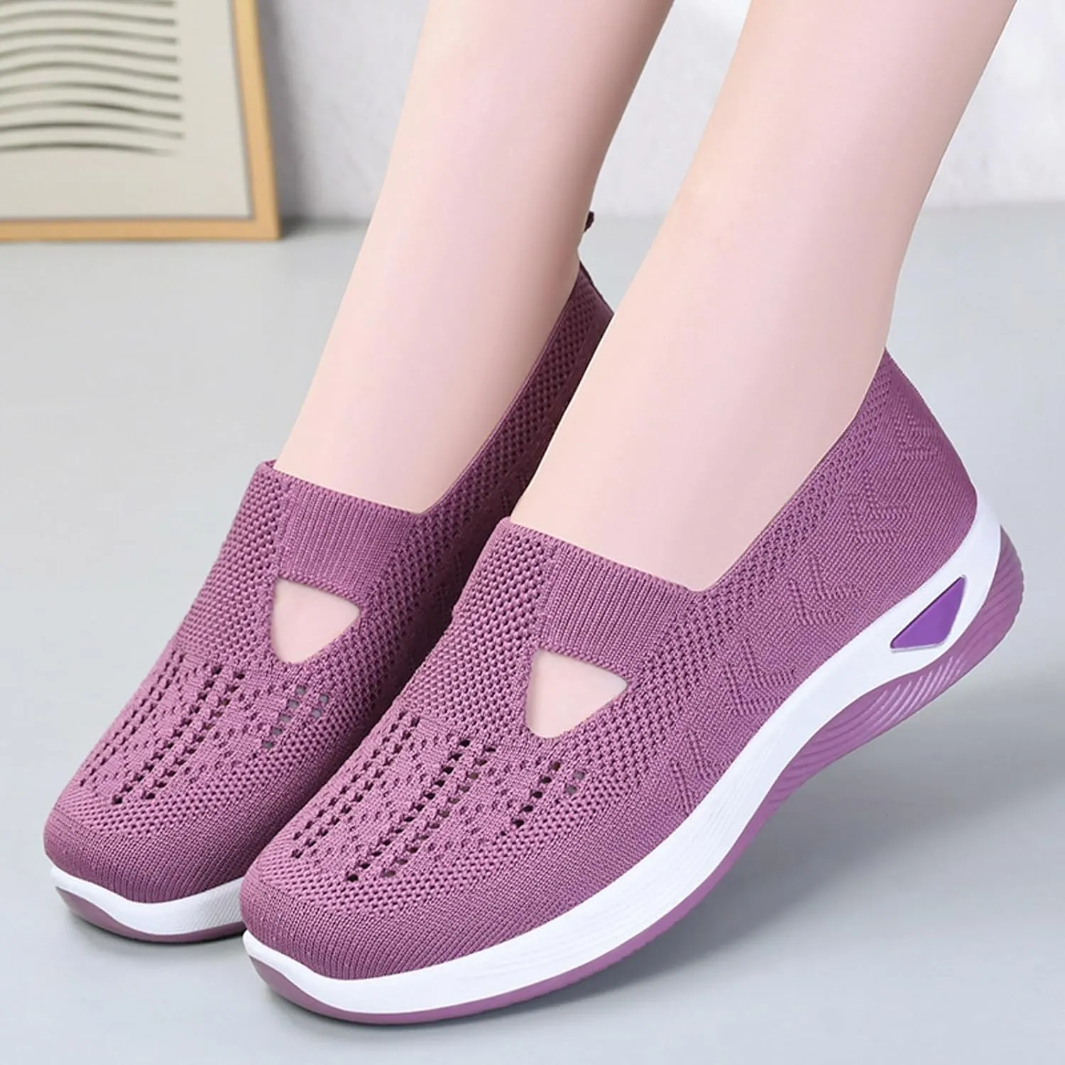 Women Casual Slip On Sneakers Breathable Knit Walking Shoes Lightweight Loafers Non Slip Comfortable Flats