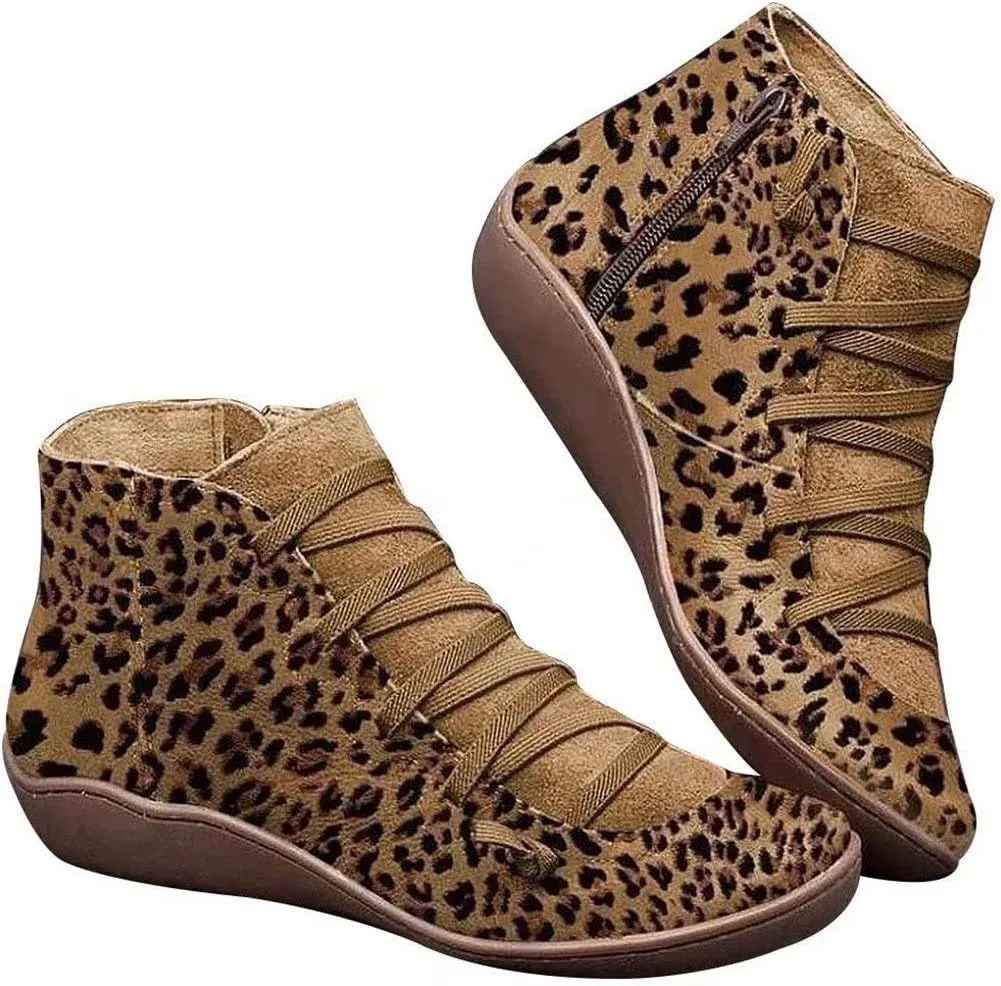 Women's Arch Support Short Boots Casual Flats Lace Up Side Zipper Ankle Boots Comfortable Leather Booties Shoes