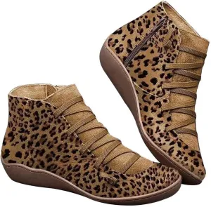 Women's Arch Support Short Boots Casual Flats Lace Up Side Zipper Ankle Boots Comfortable Leather Booties Shoes