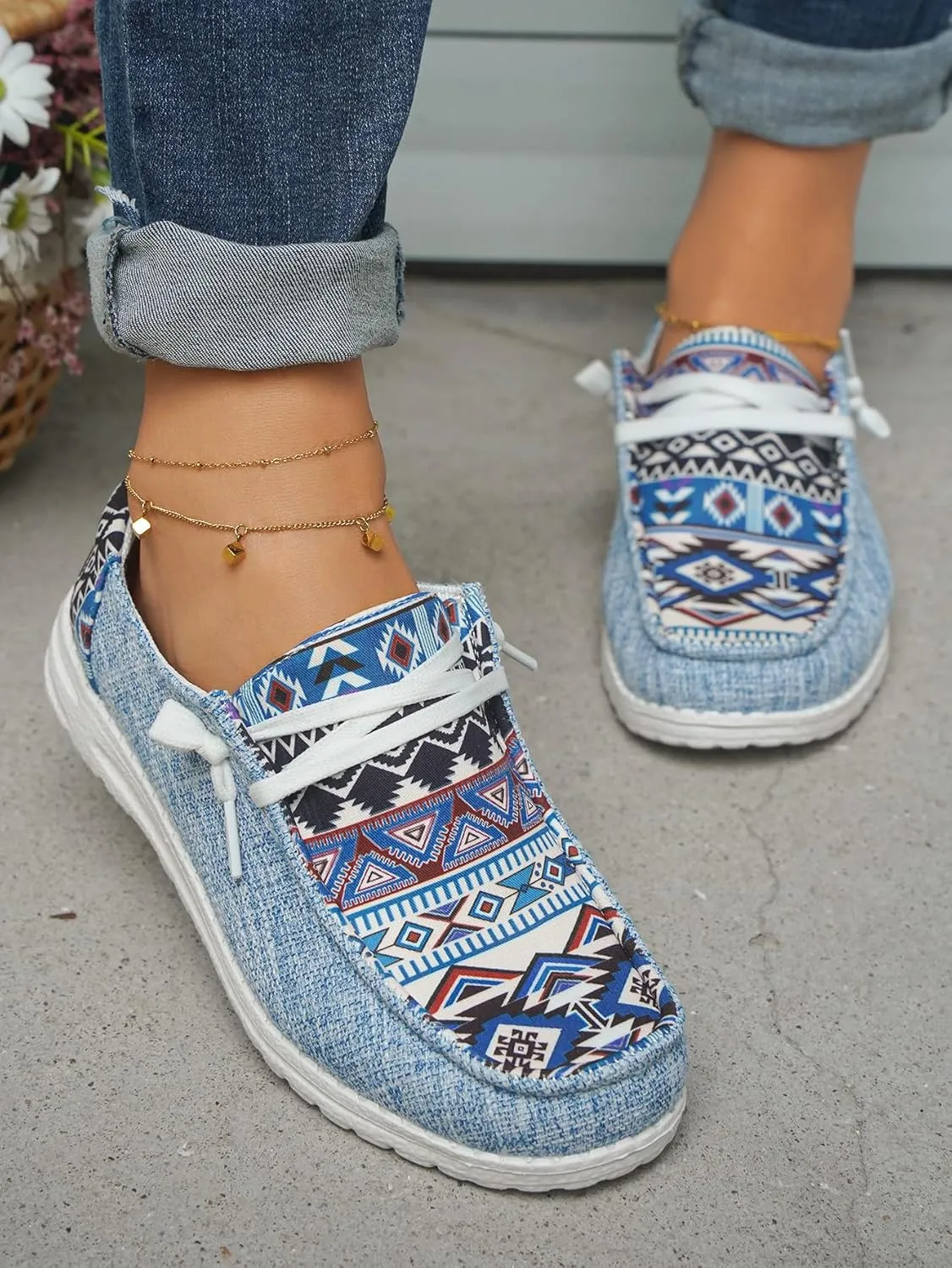 Women's Aztec Print Slip-On Loafers - Elastic Lace Comfort Shoes, Lightweight Foam Sole, Orthotic Support for Daily Wear, Trendy Casual Sneakers (US 6-11)