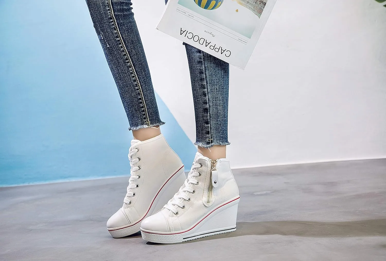 Women's Canvas Casual Shoes Dating Platform Slip-On High Top Sneakers Rubber Sole Wedge High Top Fashion Sneakers