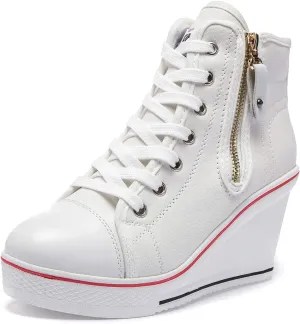 Women's Canvas Casual Shoes Dating Platform Slip-On High Top Sneakers Rubber Sole Wedge High Top Fashion Sneakers