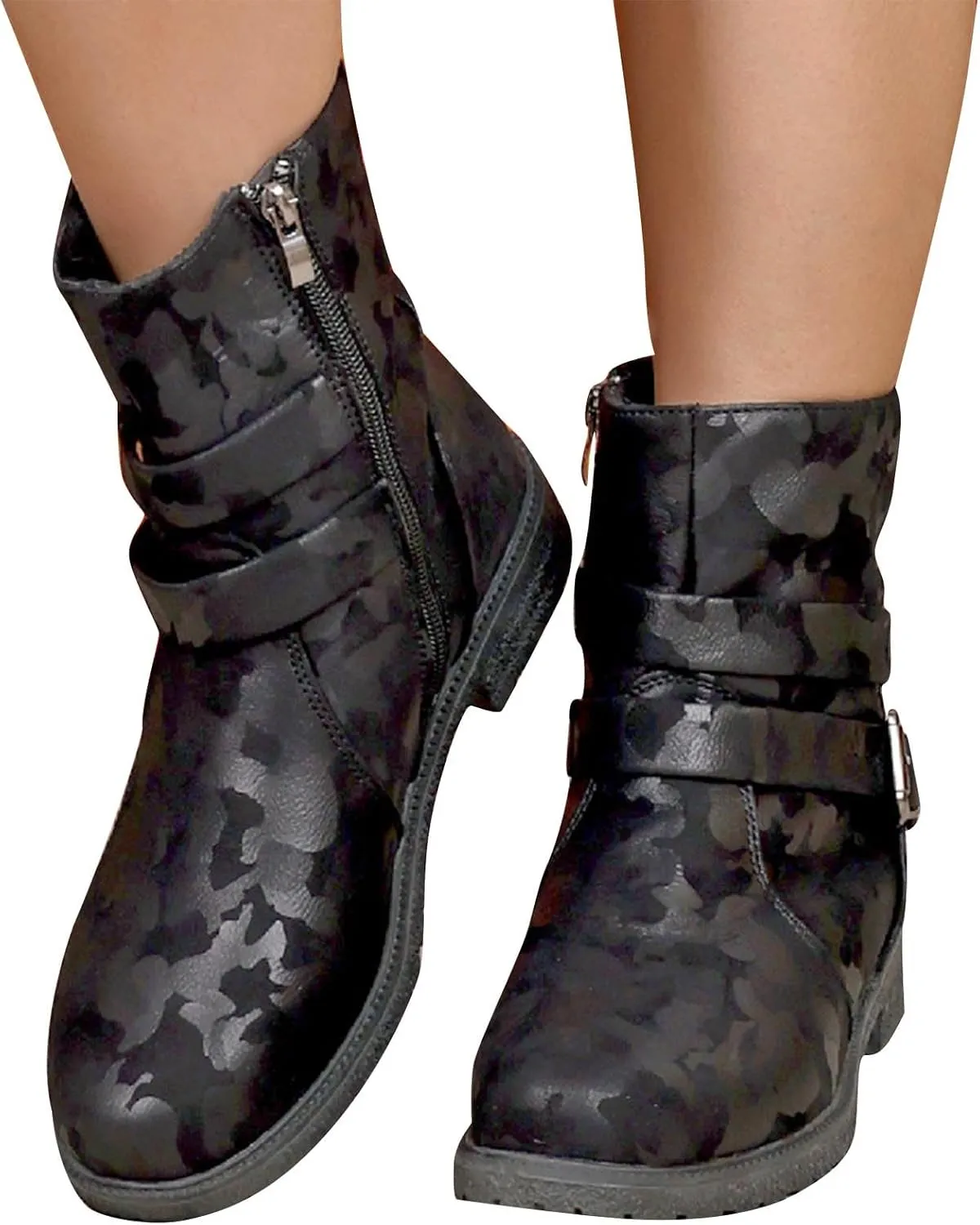 Womens Combat Boots Fashion Side Zipper Buckle Ankle Booties Chunky Low Heel Fashion Round Toe Mid Calf Boot Shoes